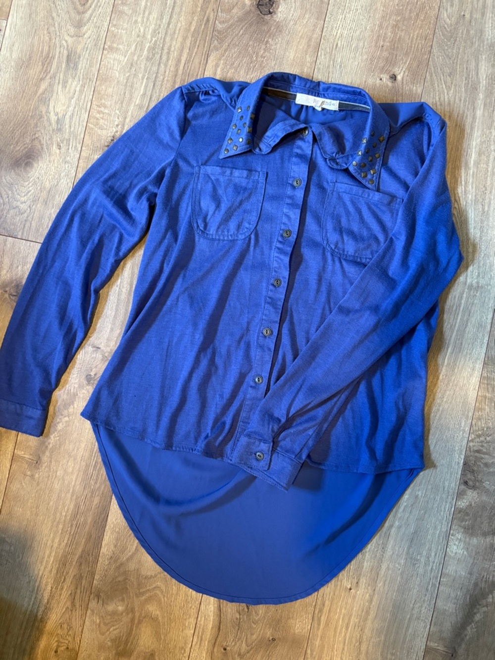 Royal Blue Button-Up Hi-Low Shirt with Studded Collar